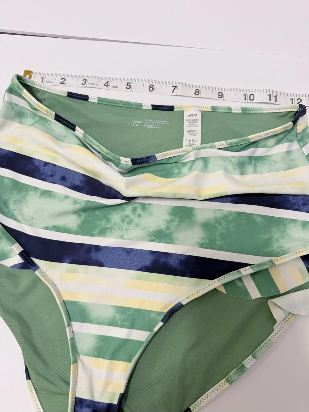 Aerie High Waisted Full Coverage Ruffle Bikini Bottoms Green Striped Tie Dye L